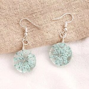 Blue Pressed Floral Resin Dangle Drop Silver Boho Dried Flower Earrings NWT